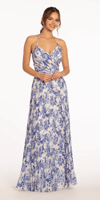 formal dresses for bridesmaids in matching pastel colors --Chiffon Pleated Print Lace Up Back A Line Dress