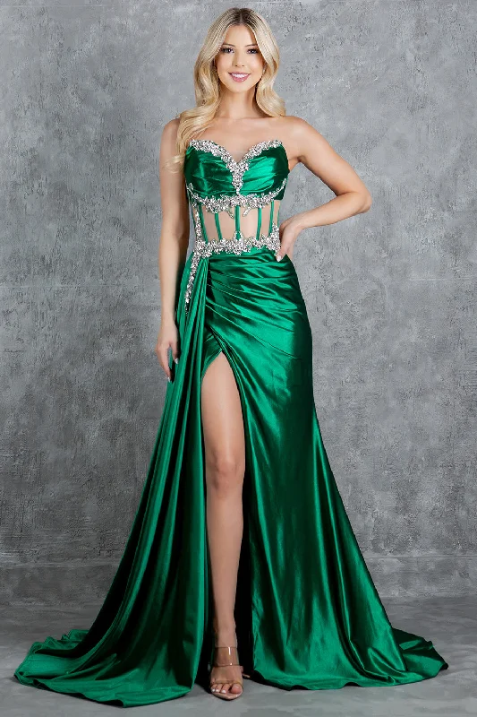 formal dresses for holiday parties in jewel tones --Beaded Satin Corset Slit Gown by Cinderella Couture 8214J