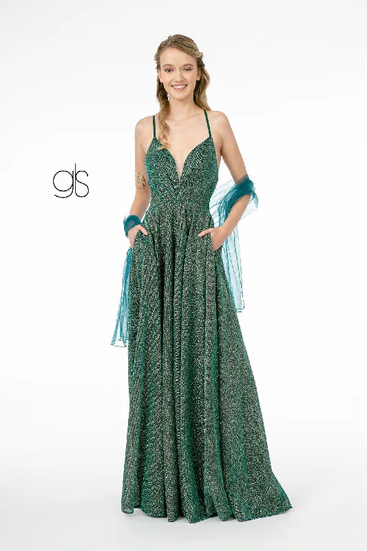 cocktail dresses with satin fabric for smooth texture --Long Illusion V-Neck Metallic Glitter Dress by Elizabeth K GL1828