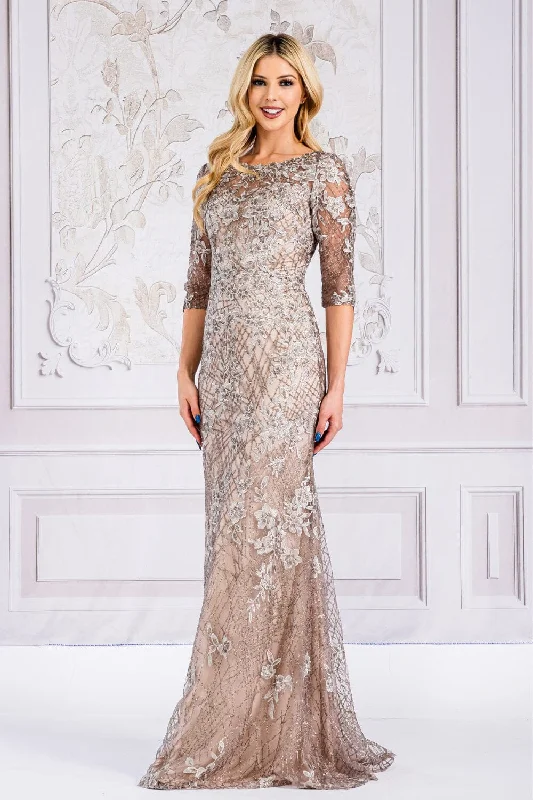 Wedding guest dresses for winter formal weddings -Floral Embroidered Mid-Sleeve Gown by Amelia Couture 7045