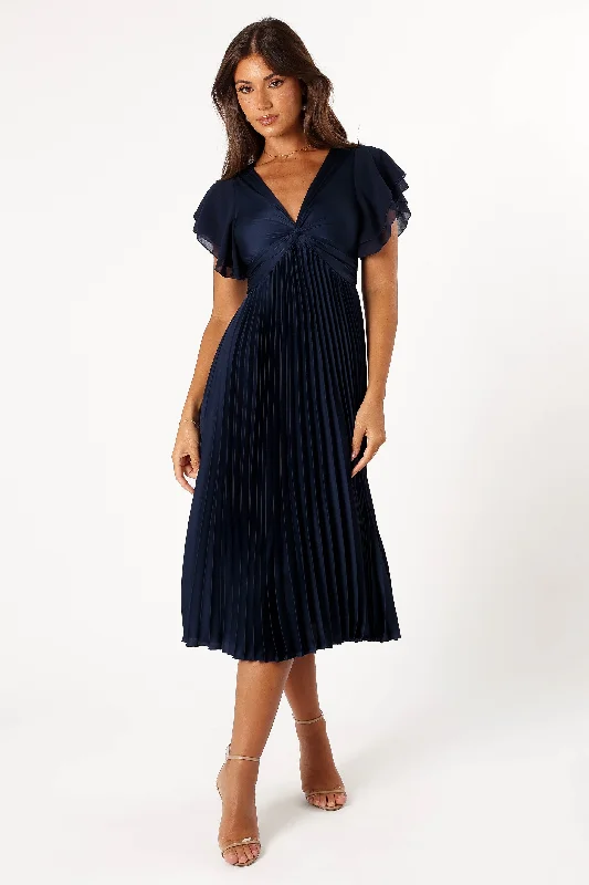 tulle bridesmaid dresses with layered skirts for volume and movement --Nova Flutter Sleeve Midi Dress - Navy