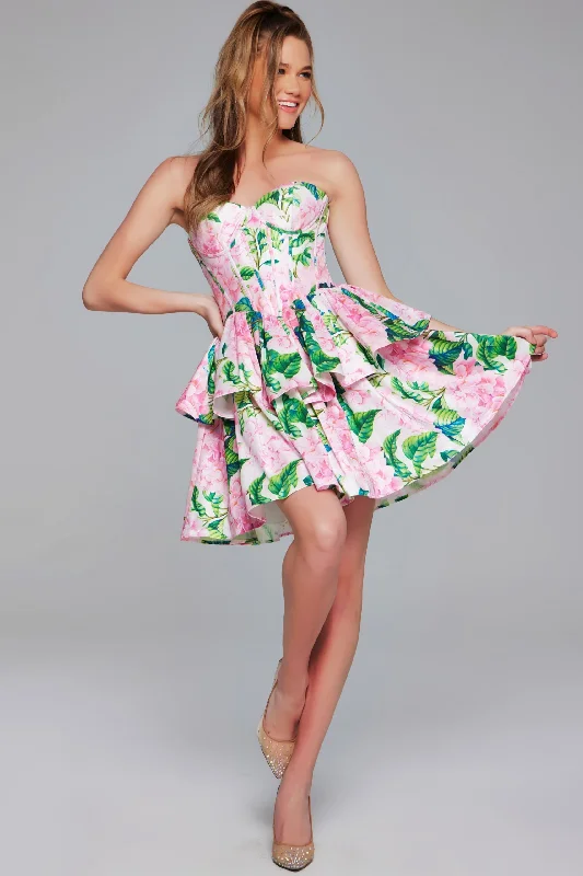 Elegant party dresses for formal holiday events -Floral Print Short Strapless A-line Dress by Jovani JVN37057