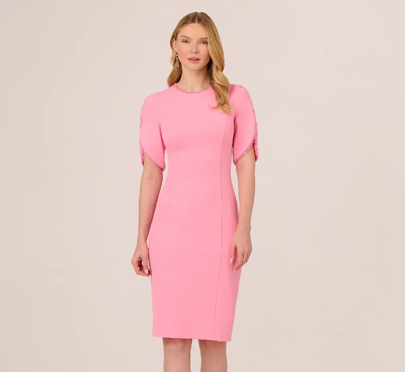 Light spring dresses for cool evenings -Crepe Midi Length Sheath Dress With Pearl Trimmed Sleeves In Cherry Blossom