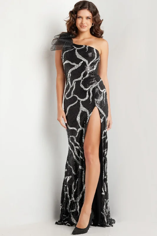 formal dresses for beach weddings with lightweight fabrics --Sequin Fitted One Shoulder Slit Gown by Jovani 38377