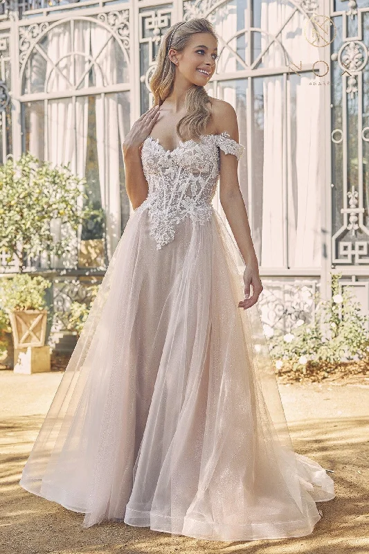 Best wedding guest dresses for a formal evening dinner -Applique Off Shoulder Bridal Gown by Nox Anabel C1107W