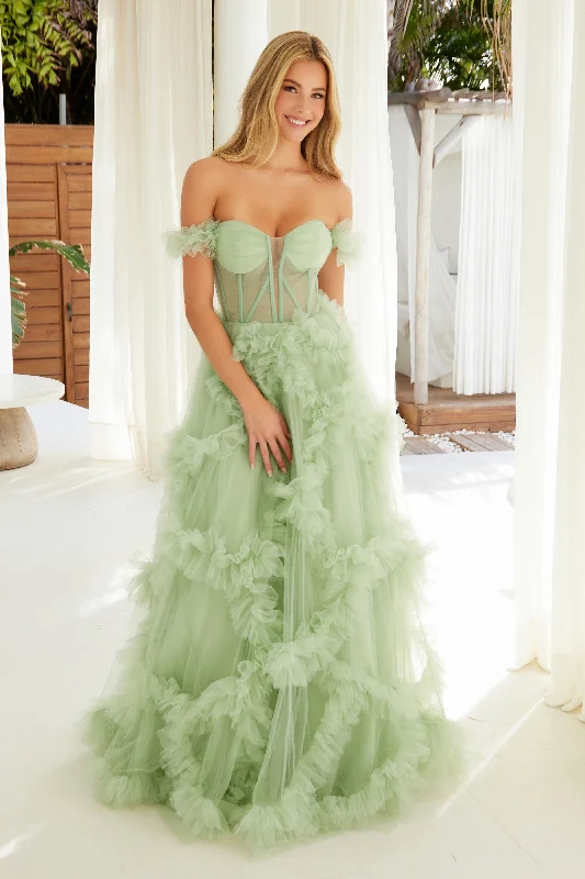 formal dresses with satin belts for waist definition --Off Shoulder Ruffled A-line Gown by Nox Anabel Y1472