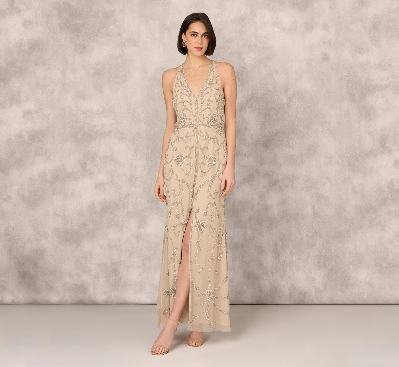 formal dresses for winter galas with fur collars --Flourish Beaded Halter Gown With Open Back In Biscotti