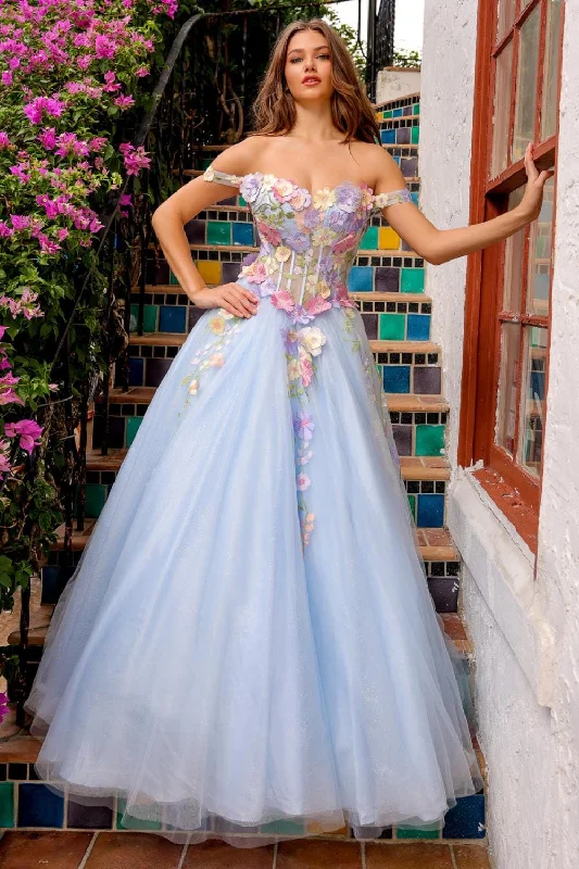 cocktail dresses with ruched bodices for flattering fit --Floral Applique Off Shoulder Gown by Amelia Couture 6124