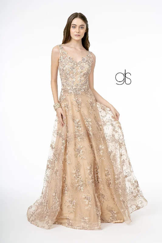 Chic wedding guest dresses for weddings with a modern twist -Embroidered Long Sleeveless V-Neck Dress by Elizabeth K GL2884