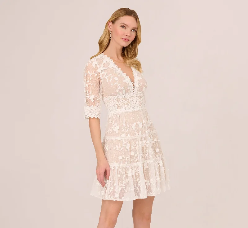 Spring dresses for casual picnics with lightweight fabrics -Lace Embroidered V Neck Dress With Elbow Sleeves In Ivory Nude