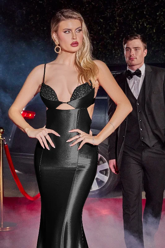 Short wedding guest dresses for summer events -Long Fitted Cutout Satin Dress by Ladivine Y030