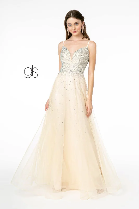 cocktail dresses with floral embroidery for romantic style --Long A-line Tulle Dress with Beaded Bodice by Elizabeth K GL2891