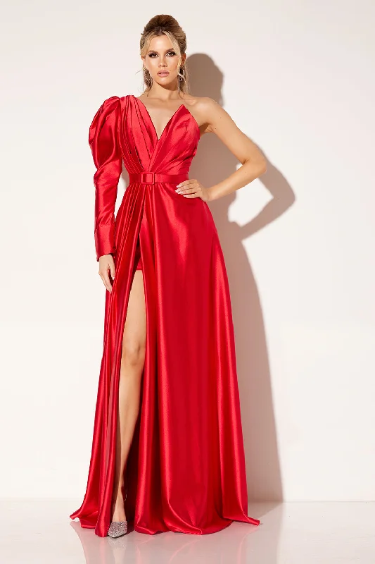 cocktail dresses with tiered skirts for playful movement --Satin Puff Sleeve A-line Slit Gown by Lucci Lu C8098