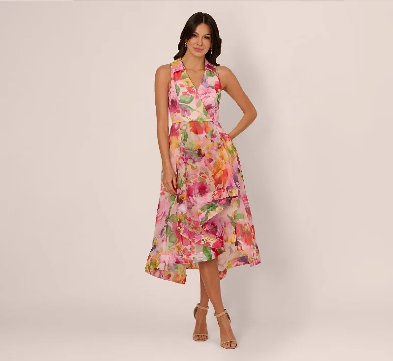 Wedding guest dresses for casual yet chic evening affairs -Sleeveless Floral Organza Collared High Low Dress In Pink Multi
