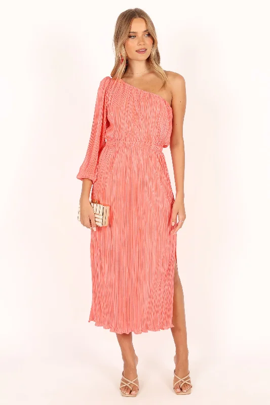 Wedding guest dresses that are comfortable yet chic -Pontee One Shoulder Pleated Midi Dress - Coral