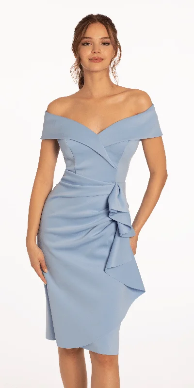 Romantic pink party dresses for women -Off the Shoulder Midi Scuba Dress with Side Cascade