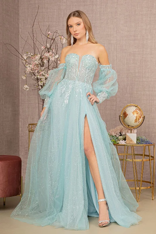 Wedding guest dresses in vibrant colors for lively weddings -Glitter Puff Sleeve Slit Gown by GLS Gloria GL3118