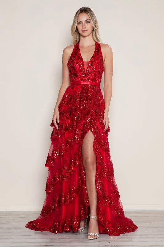 cocktail dresses with velvet finishes for winter warmth --Applique Halter Tiered Slit Gown by Poly USA 9618