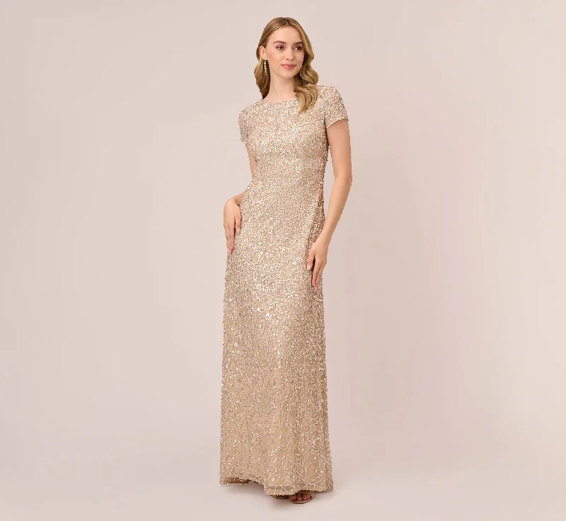 formal dresses for plus size women with A-line skirts --Scoop Back Sequin Gown In Champagne