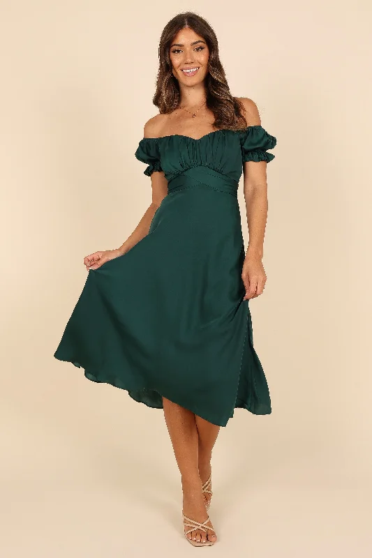 cocktail dresses with ruched sides for slimming effect --Mickenna Sweetheart Frill Midi Dress - Emerald