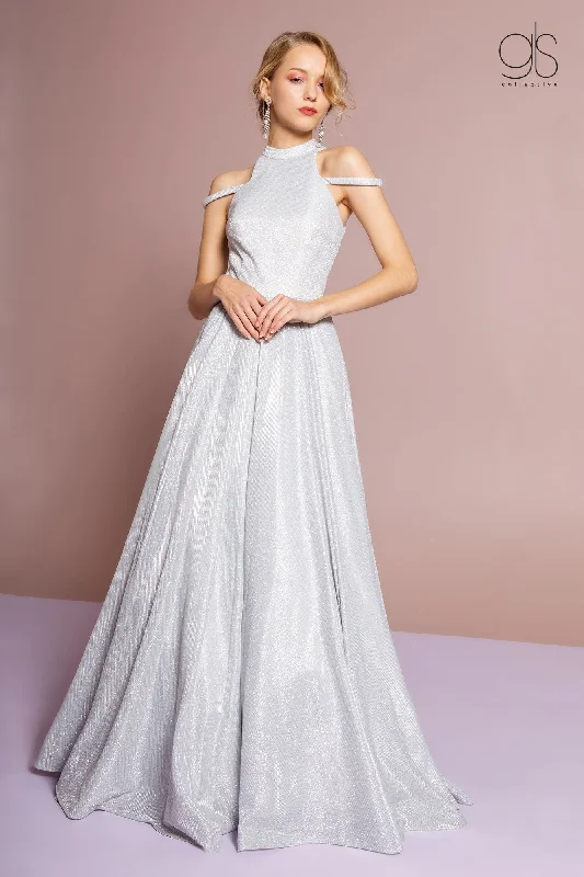 Simple and elegant dresses for wedding guests -High Neck Cold Shoulder Glitter Crepe Gown by Elizabeth K GL2664