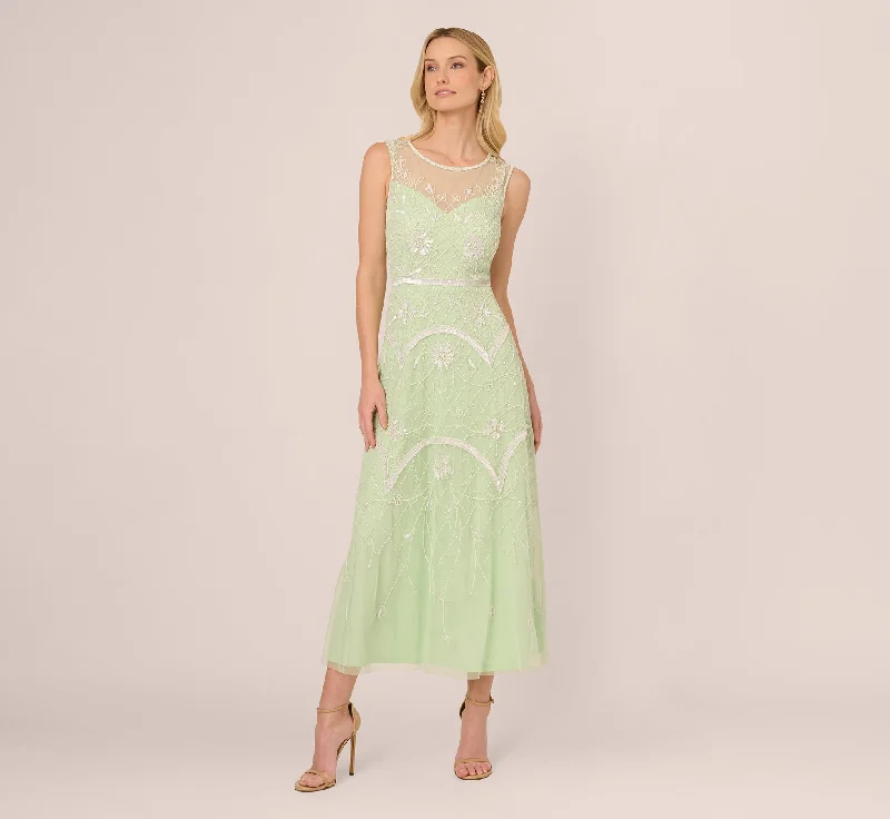 Wedding guest dresses for a modern and bold appearance -Beaded Ankle-Length Dress With Sheer Neckline In Aloe Mist Ivory