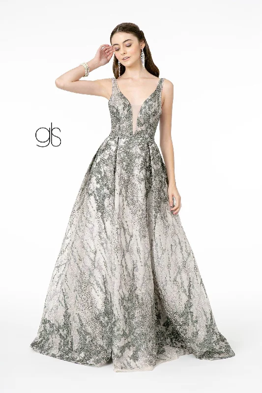 Affordable and stylish wedding guest dresses for fall -Long A-line Jeweled Lace Dress by Elizabeth K GL1835