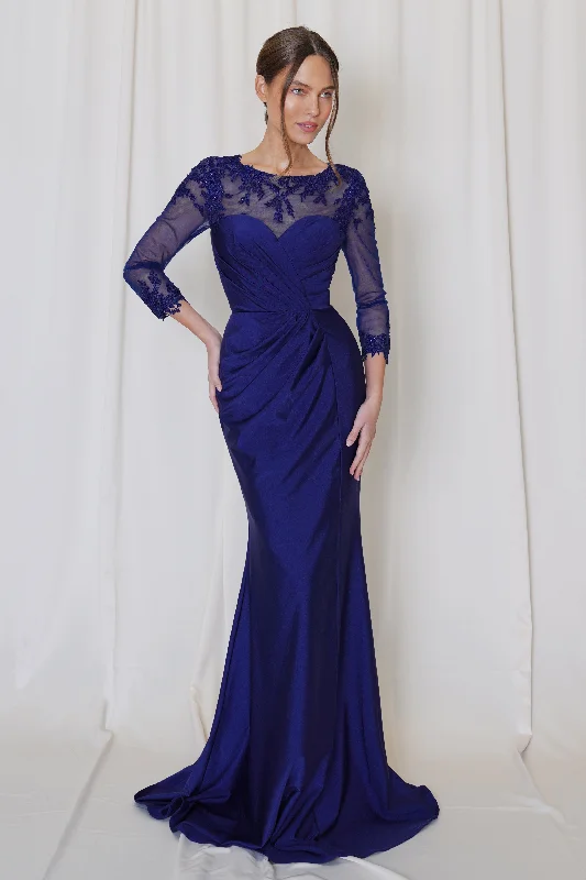 Vintage-inspired wedding guest dresses for retro vibes -Applique Fitted Long Sleeve Gown by Juno M1040