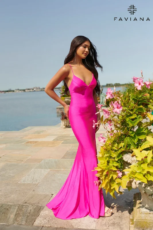 cocktail dresses with layered tulle skirts for volume --Charmeuse V-Neck Slit Gown by Faviana S10826