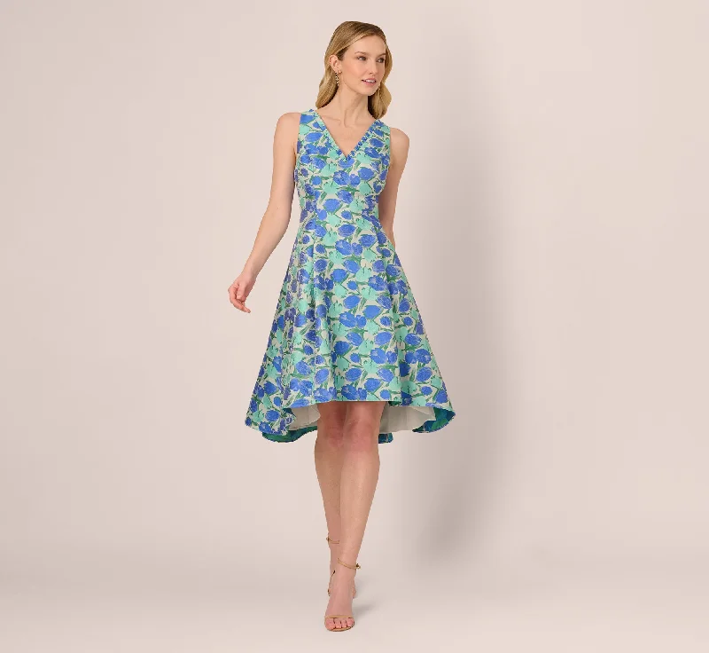 Spring dresses for evening parties with chic vibes -Sleeveless Tulip Jacquard Fit And Flare Midi Dress In Blue Green Multi