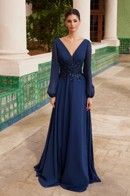 Chic cocktail dresses for wedding guest attire -Chiffon Lang Sleeve Gown by Nox Anabel ME128