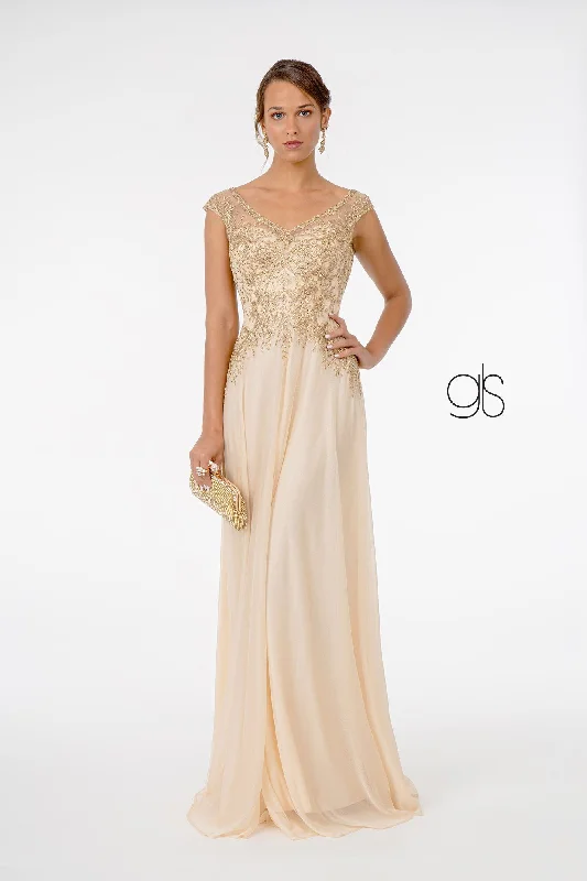 Wedding guest dresses with fitted bodices for a flattering fit -Long Cap Sleeve Chiffon Dress by Elizabeth K GL1826