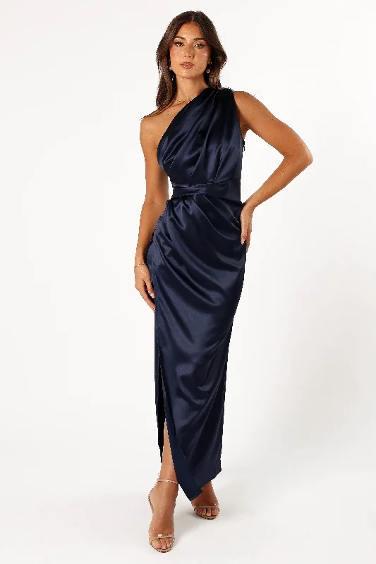 formal dresses with mesh sleeves for subtle coverage --Nadia One Shoulder Maxi Dress - Navy