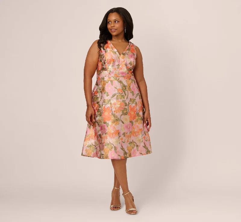 Wedding guest dresses that pair well with gold accessories -Plus Size Metallic Floral Jacquard Midi Dress In Yellow Orange Multi