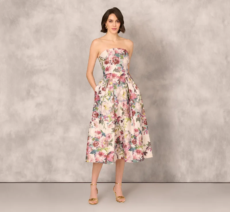 Affordable wedding guest dresses that look luxurious -Strapless Floral Jacquard Midi Dress In Pink Multi