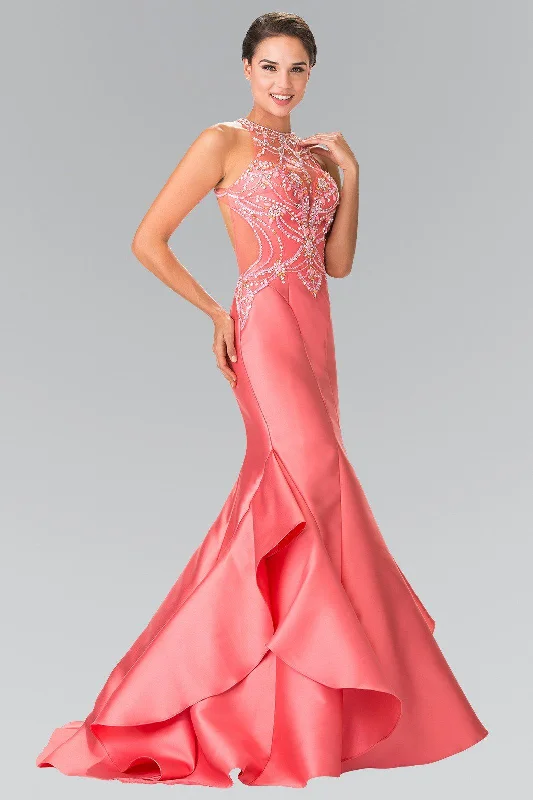 cocktail dresses with chiffon overlays for softness --Beaded Halter Mermaid Dress with Ruffles by Elizabeth K GL2357