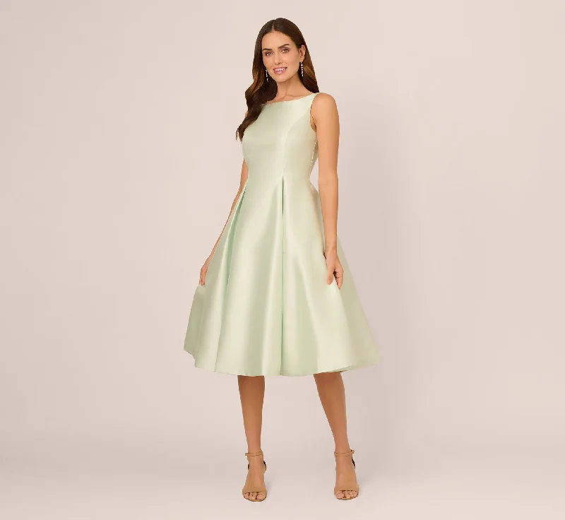 Wedding guest dresses for spring weddings with a boho vibe -Sleeveless Mikado Fit And Flare Midi Dress With V-Back In Aloe Mist
