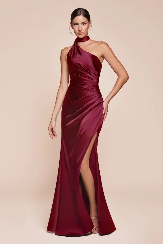 bridesmaid dresses with chiffon overlays for soft texture --Satin Fitted One Shoulder Slit Gown by Ladivine 7454