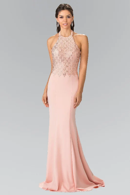 cocktail dresses with lace sleeves for modesty --Long Beaded Jersey Halter Dress by Elizabeth K GL2285