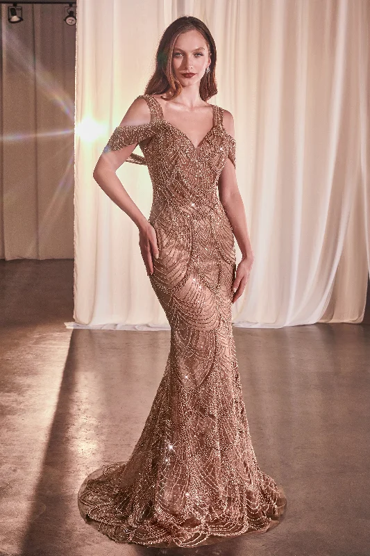 formal dresses for prom with corset tops and tulle skirts --Beaded Off Shoulder Mermaid Dress by Ladivine CC4020
