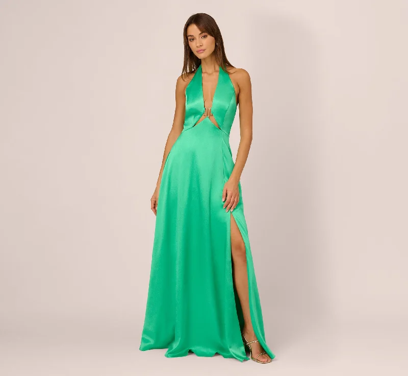 formal dresses with off-shoulder sleeves for summer events --Satin Halter Gown With Cutout Bodice And Metal Accent In Flora