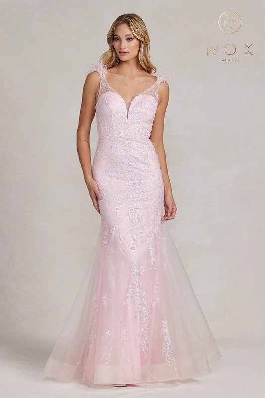 formal dresses with sleeves for office parties --Embellished Feather Mermaid Gown by Nox Anabel T1208
