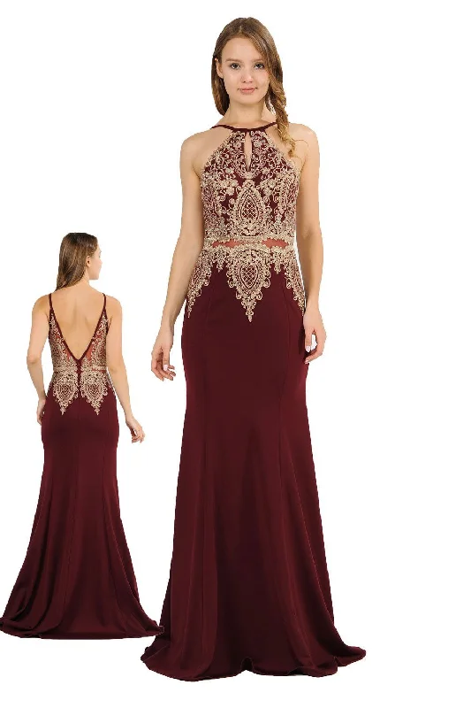 cocktail dresses with satin bows for elegant detail --Long Mock Two-Piece Dress with Lace Appliques by Poly USA 8244