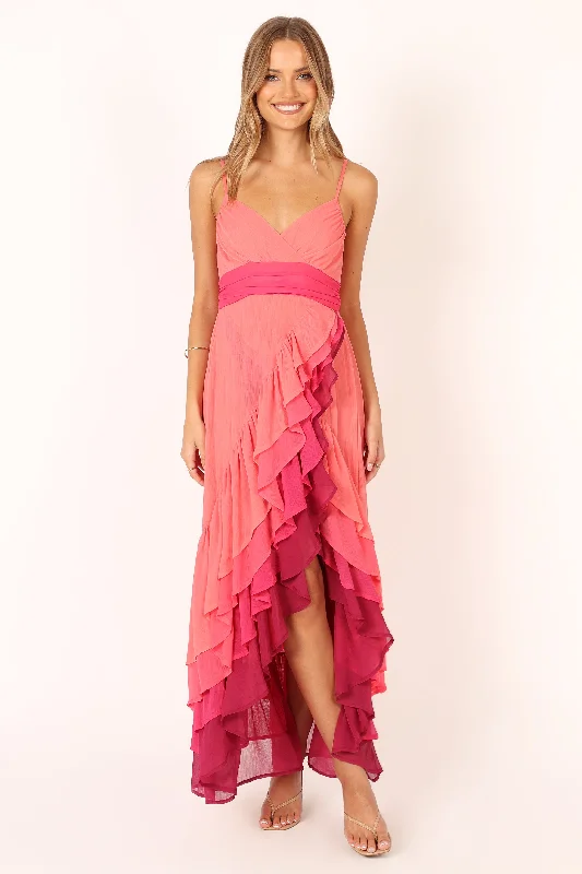 cocktail dresses with floral appliques for spring vibes --BomBon Tiered Maxi Dress - Coral Hot Pink