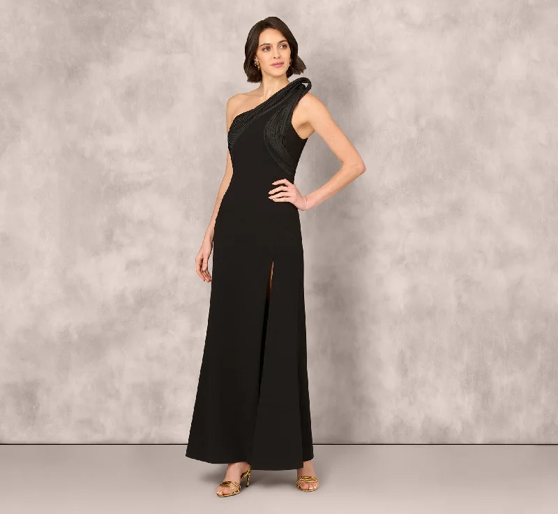 formal dresses with tiered skirts for volume and movement --One Shoulder Pleated Detail Mermaid Gown In Black