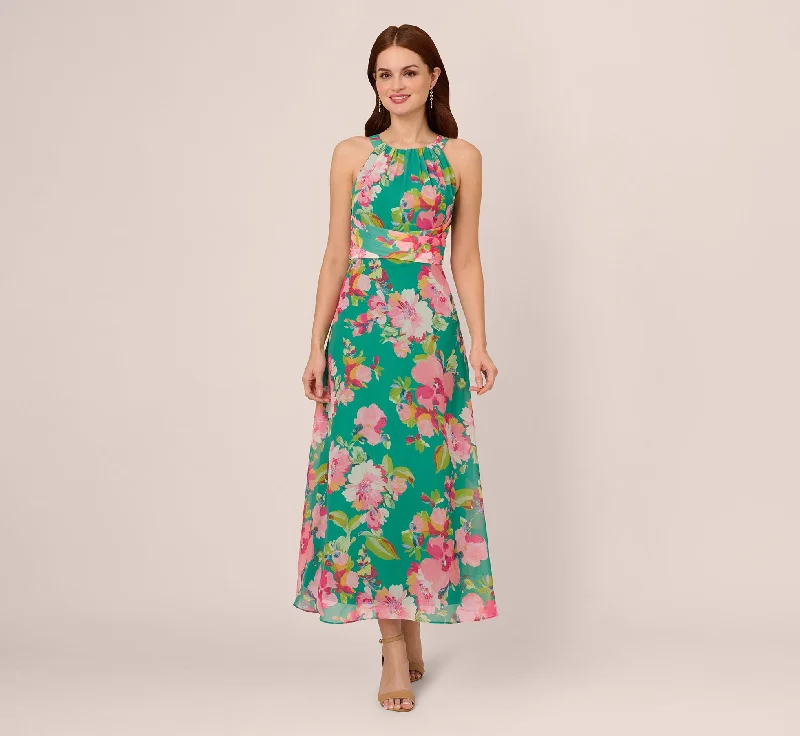 Simple spring dresses for a minimalist style -Floral Chiffon Halter Midi Dress In Green Multi