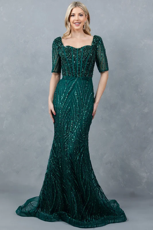 Wedding guest dresses with tulle for a whimsical touch -Beaded Mid-Sleeve Gown by Cinderella Couture 8293M