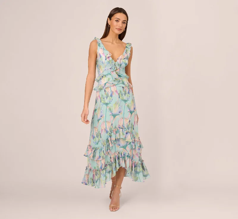 formal dresses for plus size women with A-line skirts --Sleeveless Floral Print High Low Maxi Dress With Ruffle Trim In Mint Multi