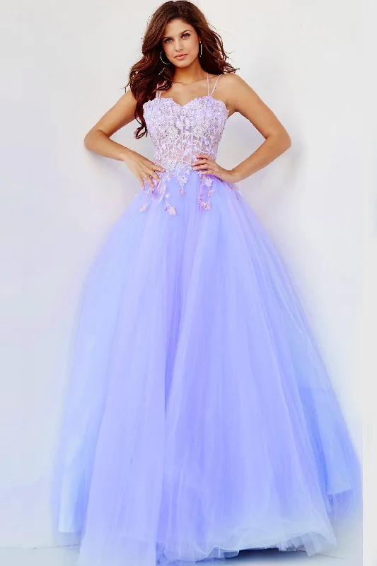formal dresses with sheer panels for modern style --Applique Sleeveless A-line Gown by Jovani 06207