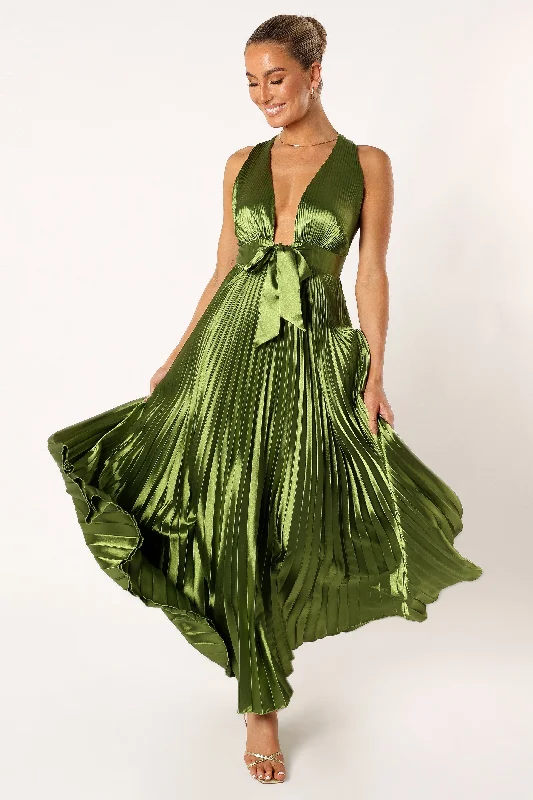 formal dresses with sheer panels for modern style --Kris Pleated Maxi Dress - Martini Olive